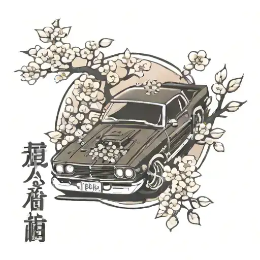 japanese sport cars and sakura tree tattoo design idea