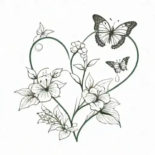 a heart made of my grandfather's signature, flowers and a few small butterflies tattoo design idea