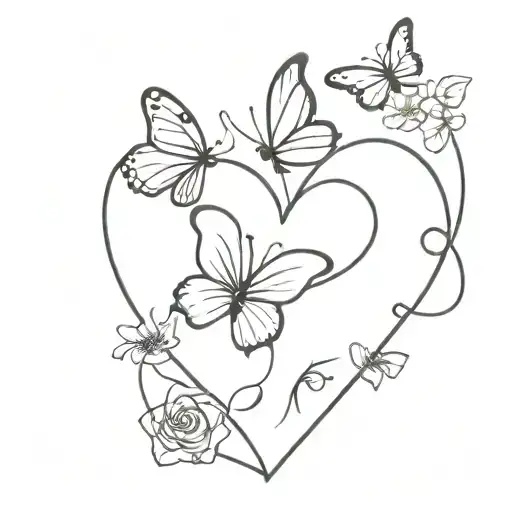 a heart made of flowers and a few small butterflies tattoo design idea