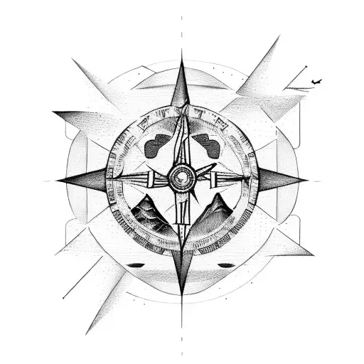 A stylized letter T and Y intertwined with mountain peaks and a compass tattoo design idea