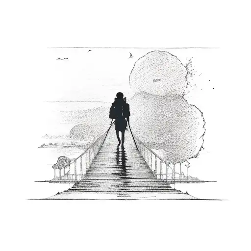 A silhouette of a backpacker walking towards the Arthur Ravenel Bridge at sunset tattoo design idea