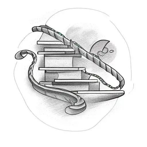 A bookshelf with a winding trail leading up to it, surrounded by beautiful scenery tattoo design idea