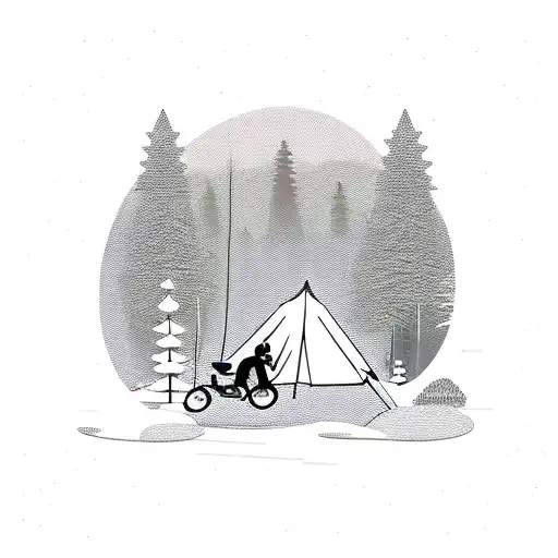 a person camping along with his motor bike near by a steam in the mountains filled with pine trees tattoo design idea
