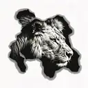 A realistic, 3D portrait of a male lion seen through a gap he made with his claws in the skin of a human arm. His fa tattoo design idea