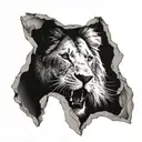 A realistic, 3D portrait of a male lion seen through a gap he made with his claws in the skin of a human arm. His fa tattoo design idea