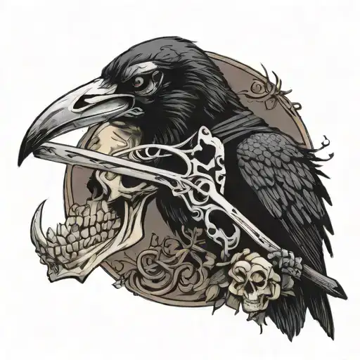 raven skull with grim reaper with scythe tattoo design idea