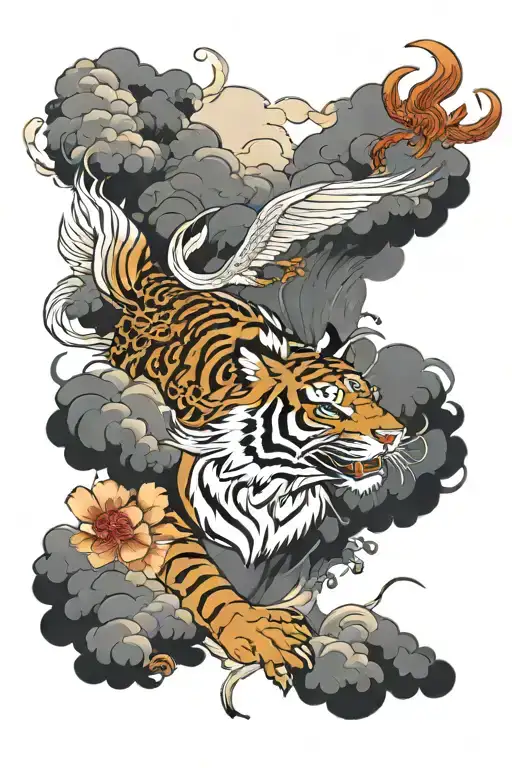 tiger and white crane with dragon flying above  tattoo design idea