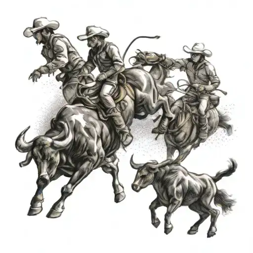 A rodeo scene with cowboys and bucking bulls in a dotwork style tattoo design idea