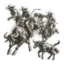 A rodeo scene with cowboys and bucking bulls in a dotwork style tattoo design idea