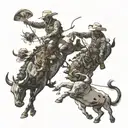 A rodeo scene with cowboys and bucking bulls in a dotwork style tattoo design idea