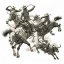 A rodeo scene with cowboys and bucking bulls in a dotwork style tattoo design idea