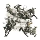 A rodeo scene with cowboys and bucking bulls in a dotwork style tattoo design idea