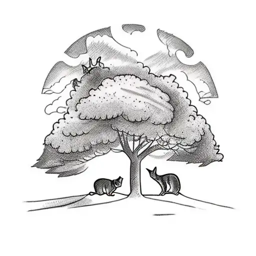 A sketch-style tattoo of a serene countryside landscape of Lebanon, with a silhouette of a cat perched on a tree branch tattoo design idea