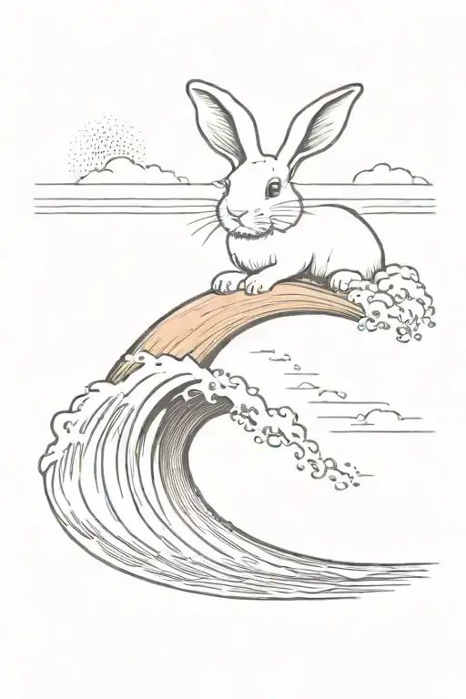 rabbit surfing a wave, cliffs in Normandie with a beatiful sunset, a small cottage on the corner, you can add humour tattoo design idea
