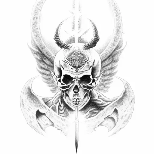  demon with skull on the left and right side warrior angel and in the middle pointillism demon with skull on the left an tattoo design idea