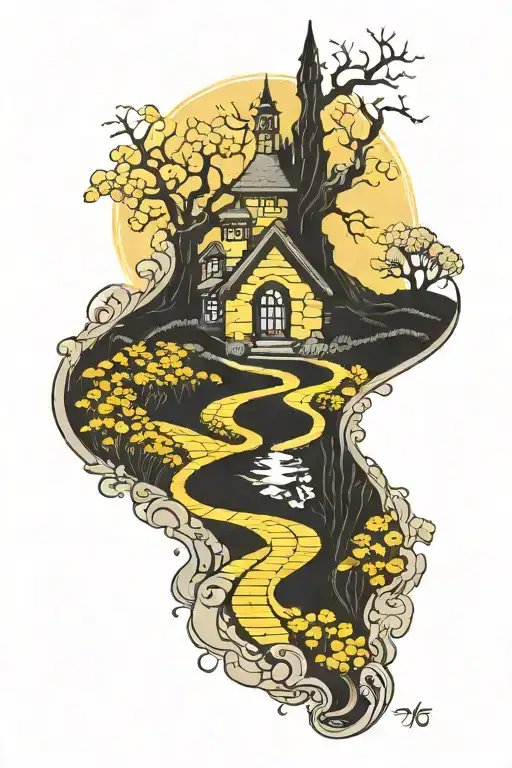 yellow brick road winding tattoo design idea