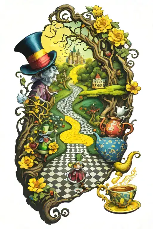 yellow brick road leading to alice in wonderland movie mad hatter tea party tattoo design idea