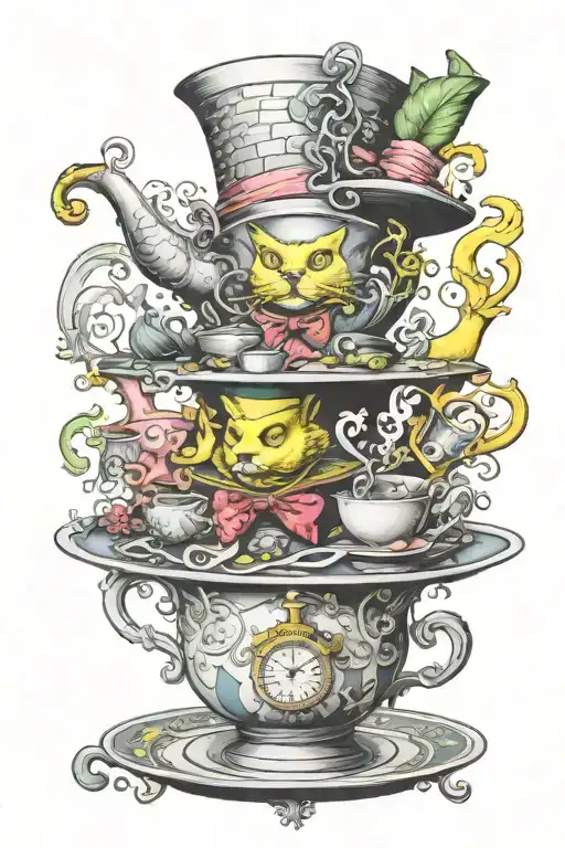 yellow brick road alice wonderland mad hatter tea party tattoo design idea
