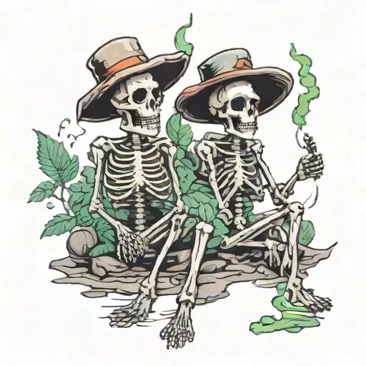 Two bros smoking weed, as skeletons sitting tattoo design idea