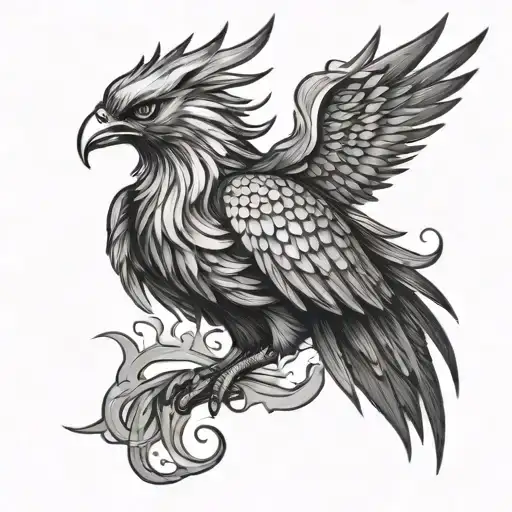 sketch of a phoenix tattoo for a man on the front surface of the thigh  tattoo design idea
