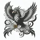 sketch of a phoenix tattoo for a man on the front surface of the thigh  tattoo design idea