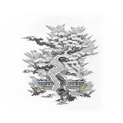 Asia inspired full sleeve samurai geisha Asian architecture cherry blossom tree tattoo design idea