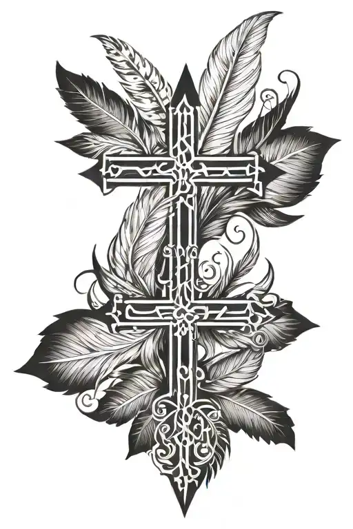a cross outline tattoo with the word ditto and December 15 2016 and feathers in it  tattoo design idea