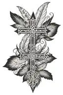 a cross outline tattoo with the word ditto and December 15 2016 and feathers in it  tattoo design idea