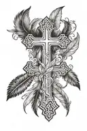 a cross outline tattoo with the word ditto and December 15 2016 and feathers in it  tattoo design idea