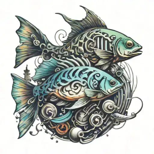 A mechanical fish made of car parts swimming upstream in a river surrounded by musical notes tattoo design idea