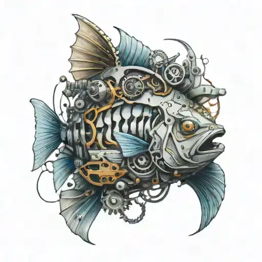 A mechanical fish made of car parts tattoo design idea