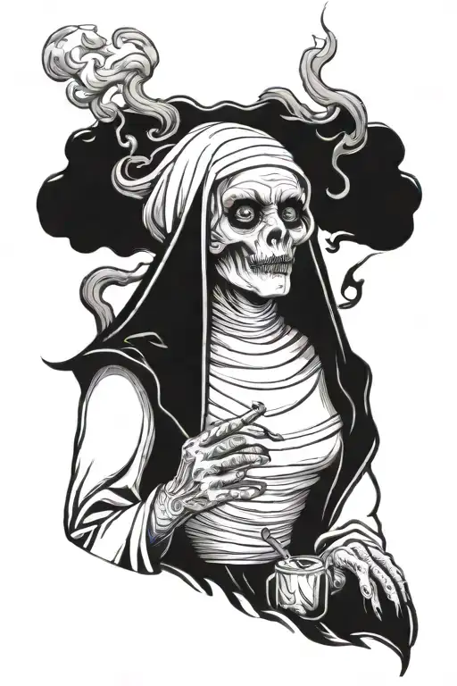 evil nun smoking a cigarette tattoo design idea
