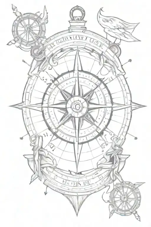 compass mix with anchor and ship wheel and arch arrow, Cogito ergo sum tattoo design idea