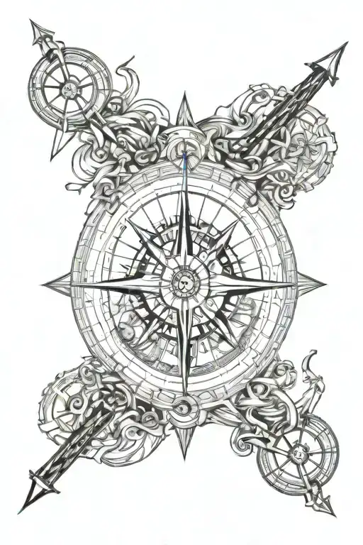 compass mix with anchor and ship wheel and arch arrow, Cogito ergo sum tattoo design idea
