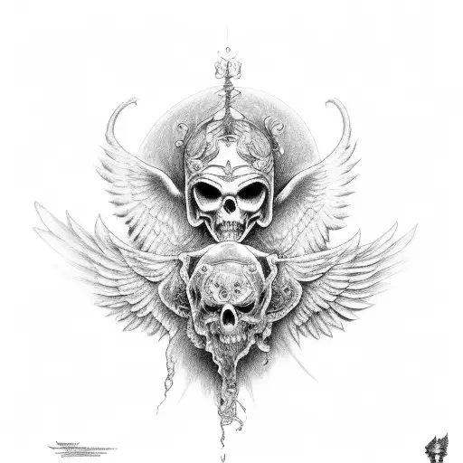 A black and grey angel with see no evil, hear no evil, speak no evil tattoos on its body tattoo design idea