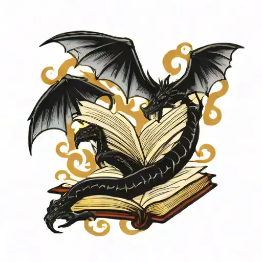 open book with dragons flying tattoo design idea