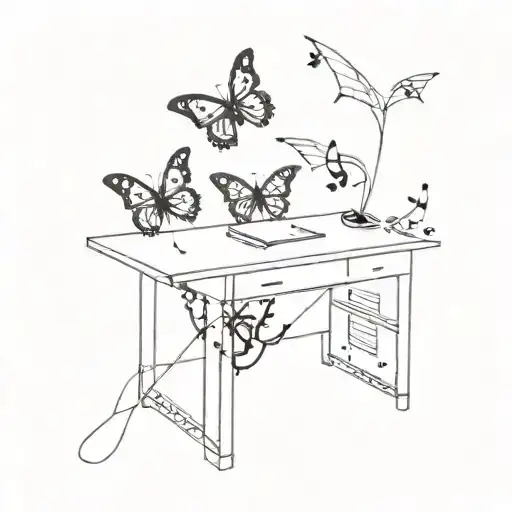 A teacher's desk with a butterfly sitting on top and musical notes scattered around tattoo design idea