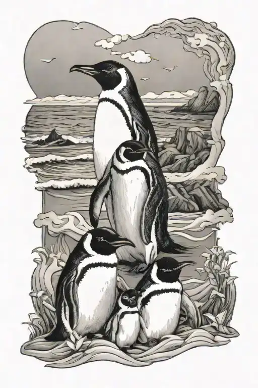 penguin family seascape scene inspired tattoo design idea