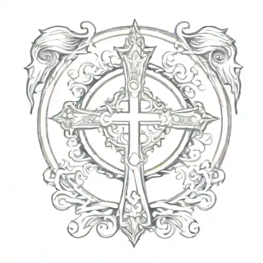 a normal cross with a circle inside and a banner saying Privitera tattoo design idea