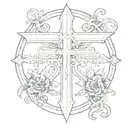 a normal cross with a circle inside and a banner saying Privitera tattoo design idea
