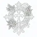 a normal cross with a circle inside and a banner saying Privitera tattoo design idea