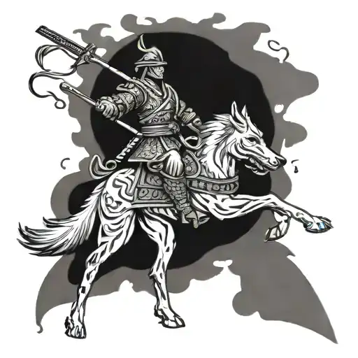 A samurai warrior riding a wolf, symbolizing the fusion of Japanese culture tattoo design idea