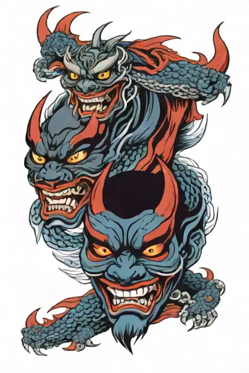 Two hannya masks (one blue and one red) and a ryu dragon intertwining them  tattoo design idea