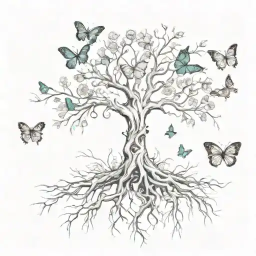 Tree with roots and butterflies around it and a cross with flowers  tattoo design idea