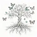 Tree with roots and butterflies around it and a cross with flowers  tattoo design idea