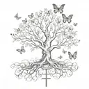Tree with roots and butterflies around it and a cross with flowers  tattoo design idea