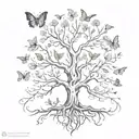 Tree with roots and butterflies around it and a cross with flowers  tattoo design idea