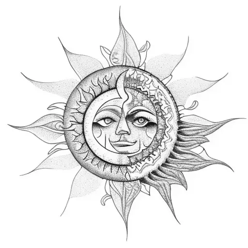A nature-inspired tattoo featuring a sun and moon made of intricate leaf patterns tattoo design idea