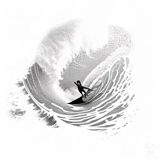 A realistic tattoo of a surfer catching a big wave, with a whiskey barrel floating nearby and seagulls flying overhead tattoo design idea