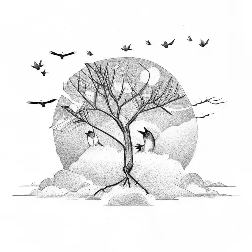 5 birds sitting on a branch, 5 birds flying away tattoo design idea